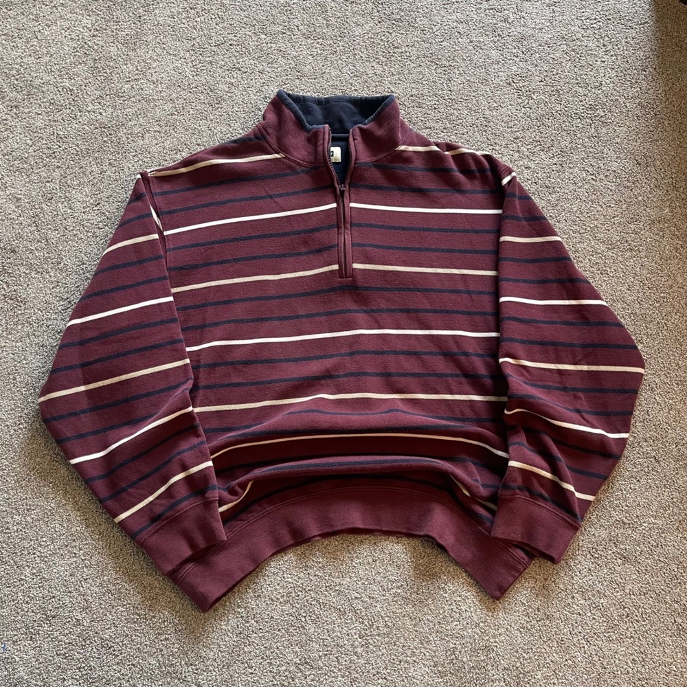 Mens Haggar Quarter Zip Pullover Large Burgundy Striped Excellent Pique Top